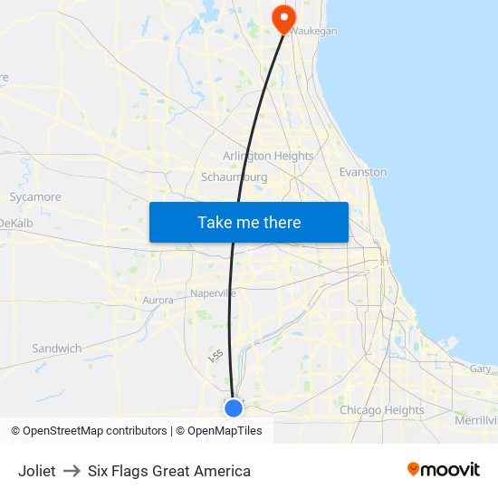 Joliet to Six Flags Great America map