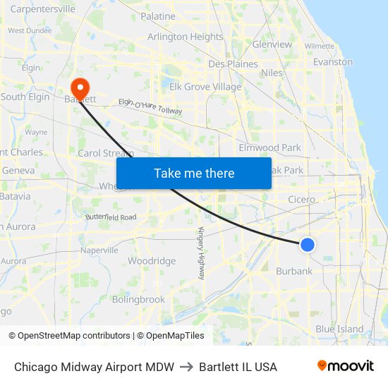 Chicago Midway Airport MDW to Bartlett IL USA map