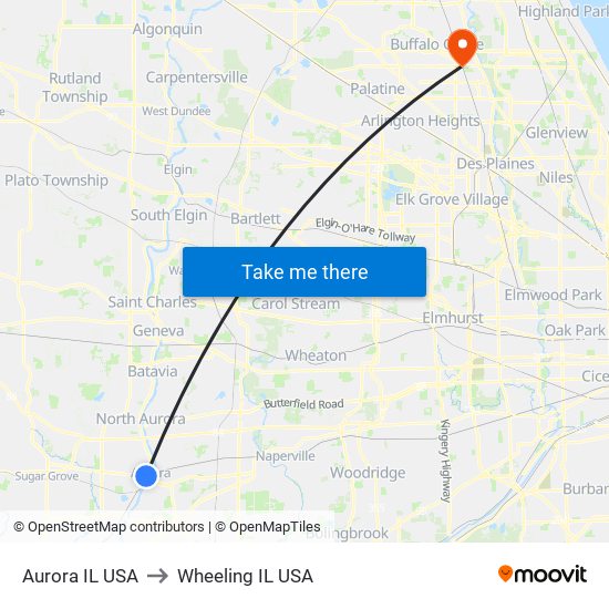 Aurora IL USA to Wheeling IL USA map