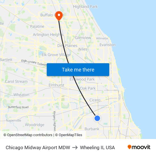 Chicago Midway Airport MDW to Wheeling IL USA map