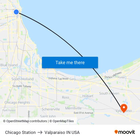 Chicago Station to Valparaiso IN USA map