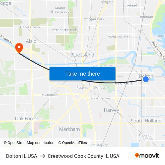 Dolton IL USA to Crestwood Cook County IL USA map