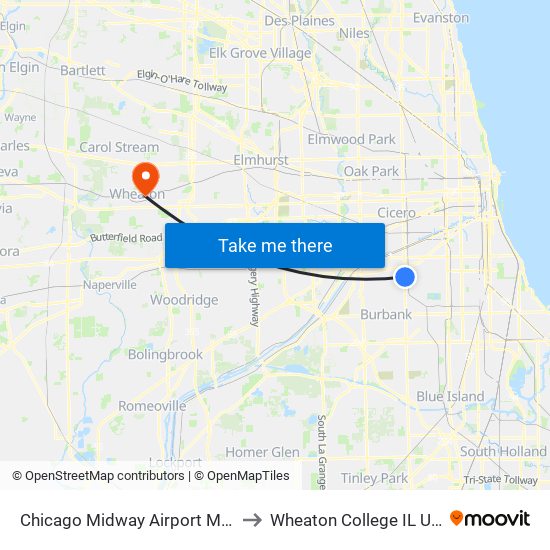 Chicago Midway Airport MDW to Wheaton College IL USA map