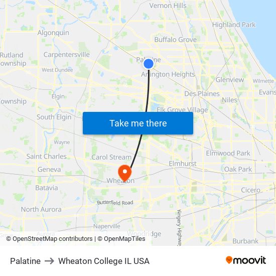 Palatine to Wheaton College IL USA map