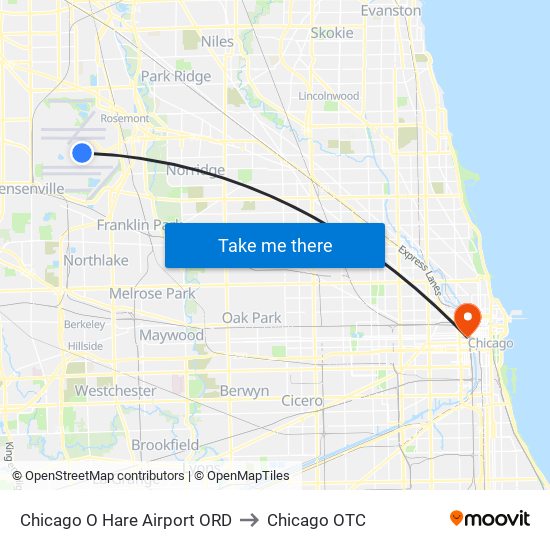 Chicago O Hare Airport ORD to Chicago OTC map