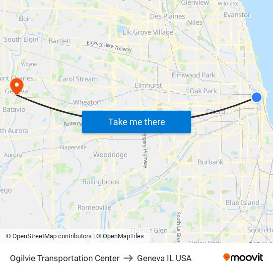 Ogilvie Transportation Center to Geneva IL USA map