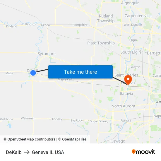 DeKalb to Geneva IL USA map