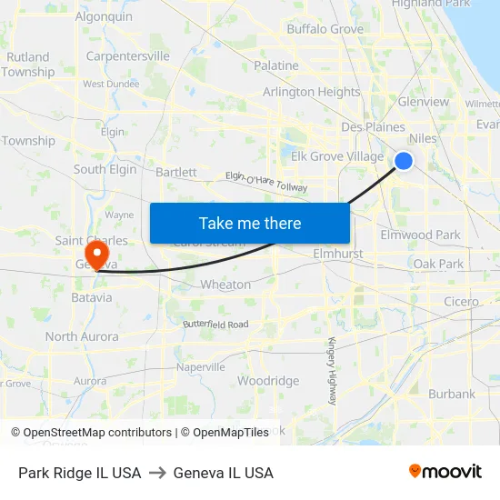 Park Ridge IL USA to Geneva IL USA map