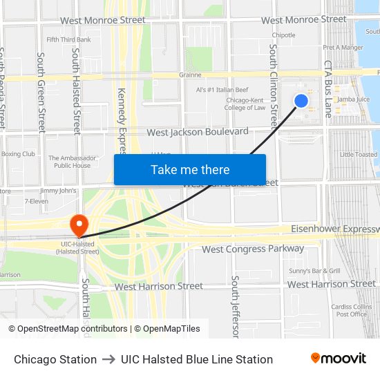 Chicago Station to UIC Halsted Blue Line Station map