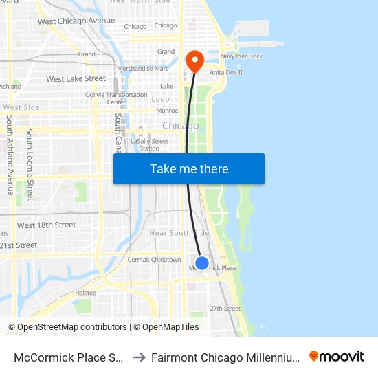 McCormick Place Station to Fairmont Chicago Millennium Park map