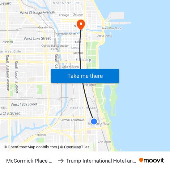McCormick Place Station to Trump International Hotel and Tower map