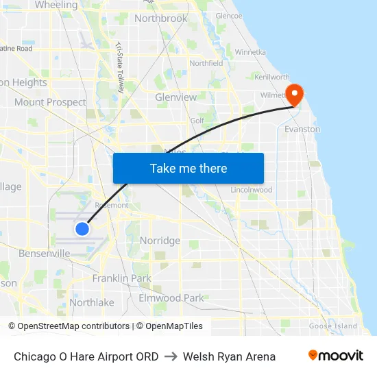 Chicago O Hare Airport ORD to Welsh Ryan Arena map