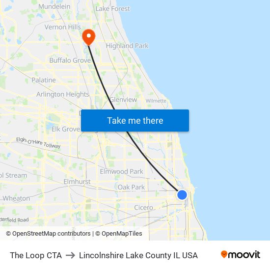 The Loop CTA to Lincolnshire Lake County IL USA map