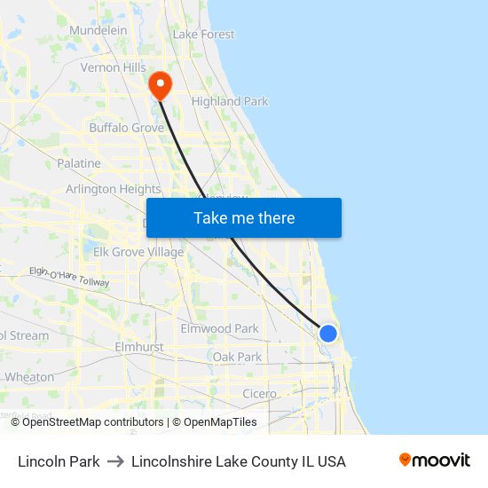 Lincoln Park to Lincolnshire Lake County IL USA map