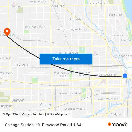 Chicago Station to Elmwood Park IL USA map