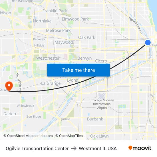 Ogilvie Transportation Center to Westmont IL USA map