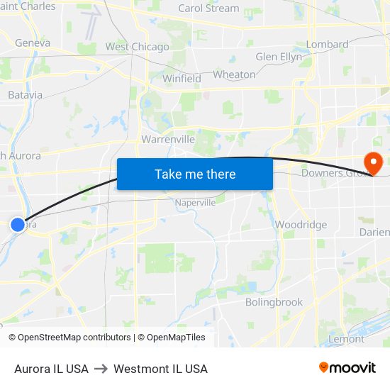 Aurora IL USA to Westmont IL USA map
