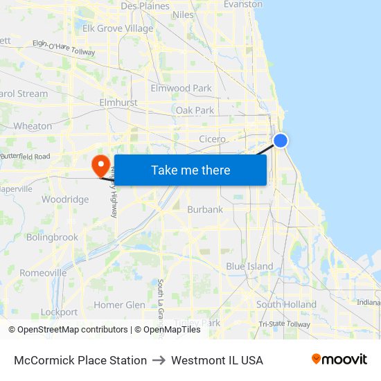 McCormick Place Station to Westmont IL USA map