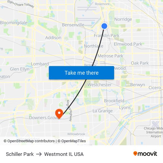 Schiller Park to Westmont IL USA map