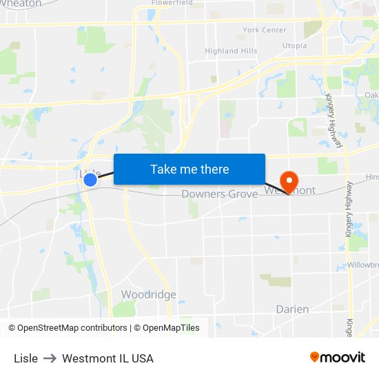 Lisle to Westmont IL USA map