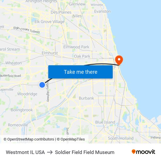 Westmont IL USA to Soldier Field Field Museum map