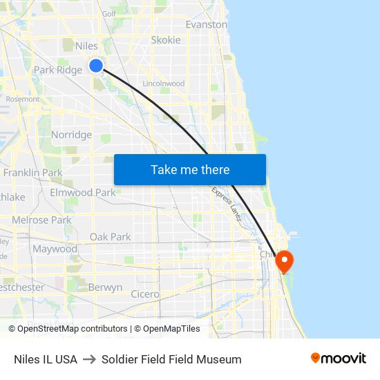 Niles IL USA to Soldier Field Field Museum map