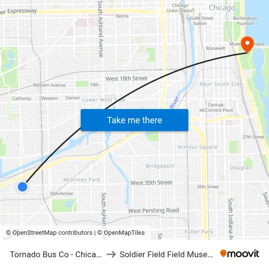 Tornado Bus Co - Chicago to Soldier Field Field Museum map
