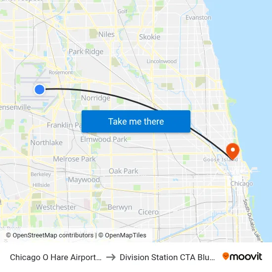 Chicago O Hare Airport ORD to Division Station CTA Blue Line map