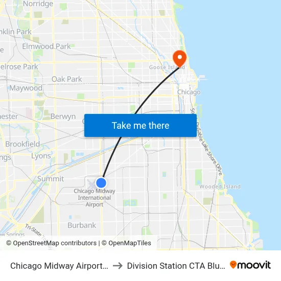 Chicago Midway Airport MDW to Division Station CTA Blue Line map