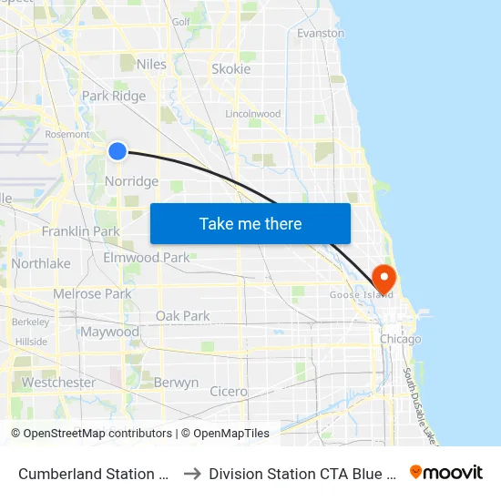 Cumberland Station CTA to Division Station CTA Blue Line map