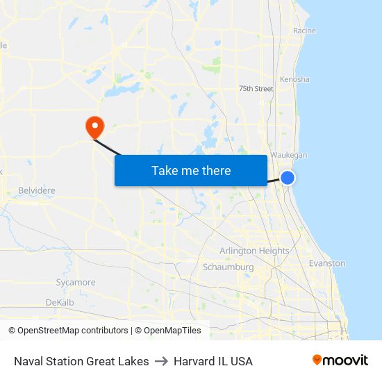 Naval Station Great Lakes to Harvard IL USA map