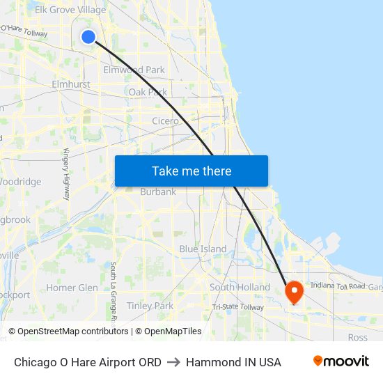 Chicago O Hare Airport ORD to Hammond IN USA map