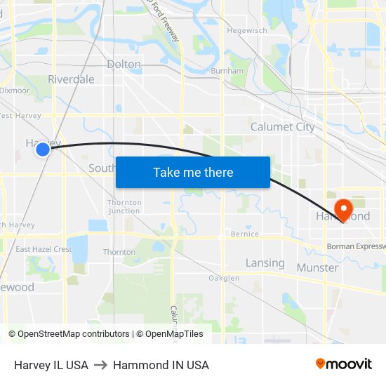 Harvey IL USA to Hammond IN USA map