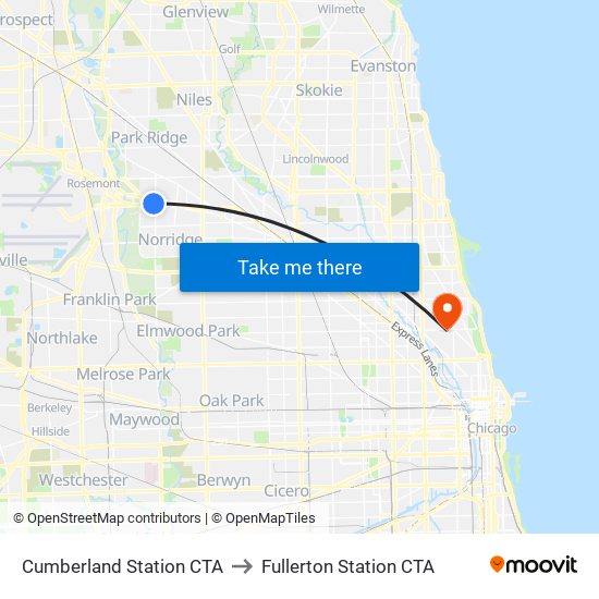 Cumberland Station CTA to Fullerton Station CTA map