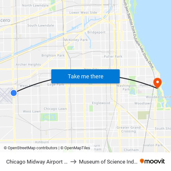 Chicago Midway Airport MDW to Museum of Science Industry map