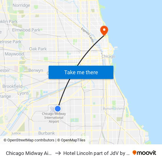Chicago Midway Airport MDW to Hotel Lincoln part of JdV by Hyatt Chicago map