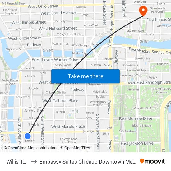 Willis Tower to Embassy Suites Chicago Downtown Magnificent Mile map