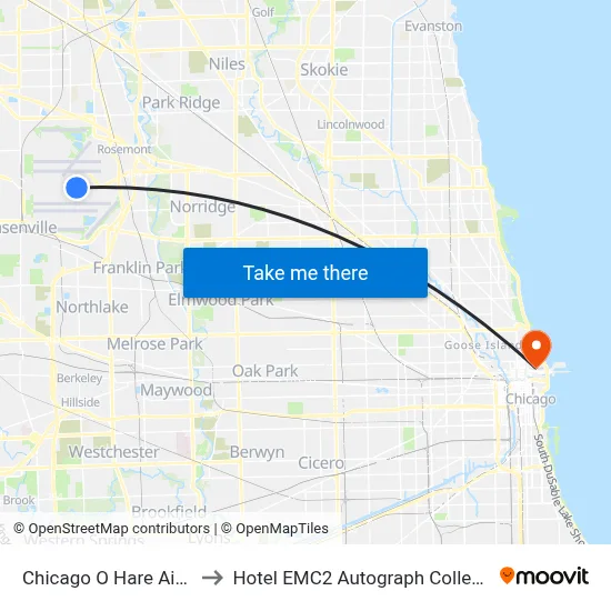 Chicago O Hare Airport ORD to Hotel EMC2 Autograph Collection Chicago map