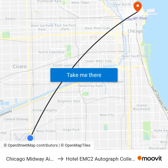Chicago Midway Airport MDW to Hotel EMC2 Autograph Collection Chicago map