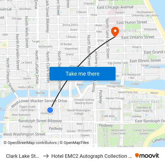 Clark Lake Station to Hotel EMC2 Autograph Collection Chicago map