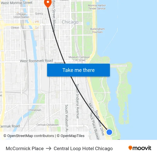 McCormick Place to Central Loop Hotel Chicago map