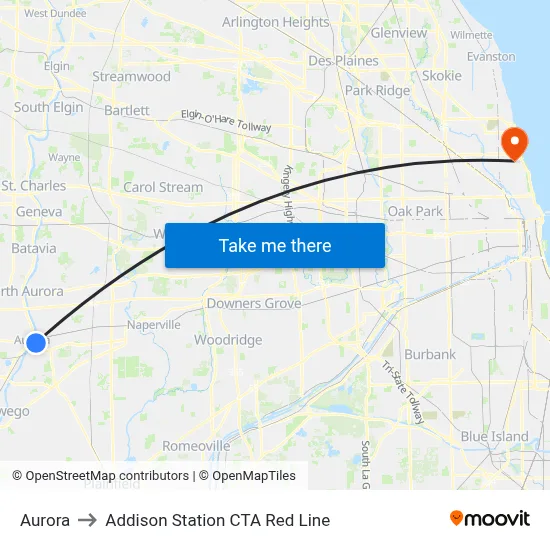 Aurora to Addison Station CTA Red Line map