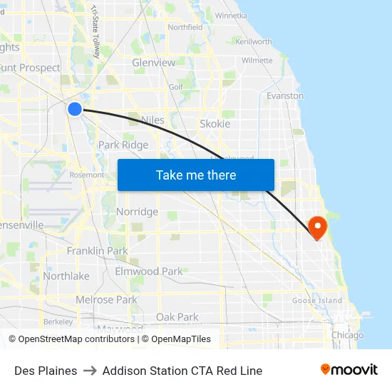 Des Plaines to Addison Station CTA Red Line map