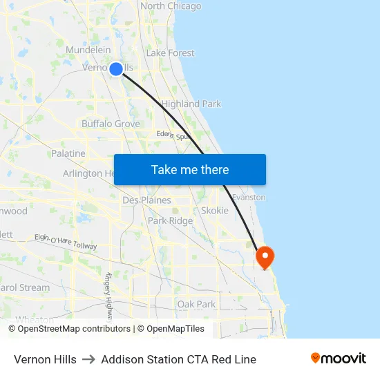 Vernon Hills to Addison Station CTA Red Line map