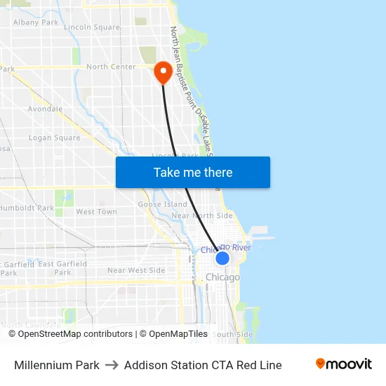 Millennium Park to Addison Station CTA Red Line map