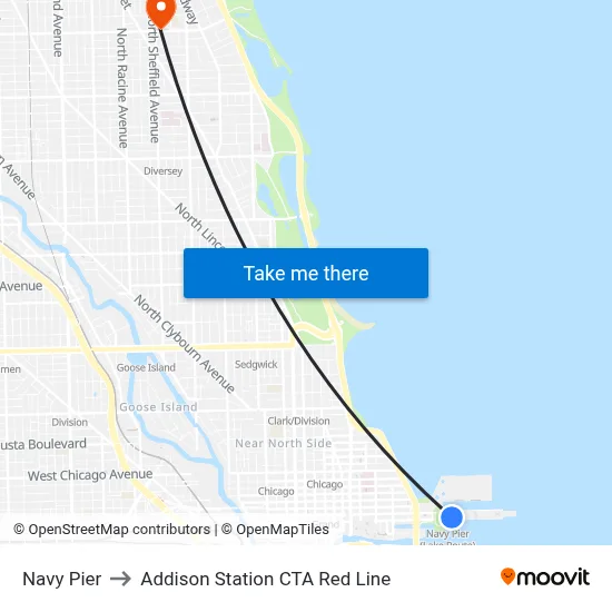 Navy Pier to Addison Station CTA Red Line map
