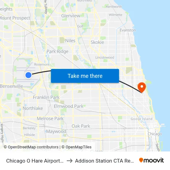 Chicago O Hare Airport ORD to Addison Station CTA Red Line map