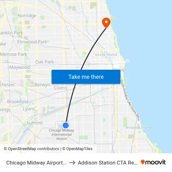Chicago Midway Airport MDW to Addison Station CTA Red Line map