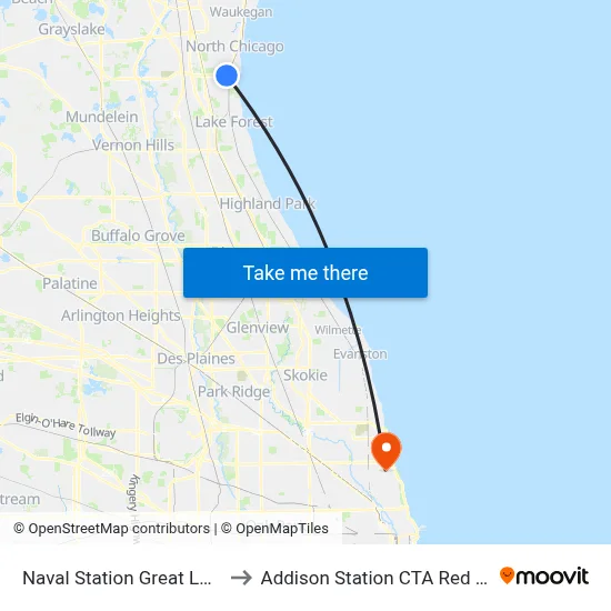 Naval Station Great Lakes to Addison Station CTA Red Line map