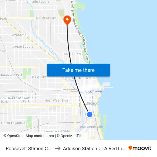 Roosevelt Station CTA to Addison Station CTA Red Line map